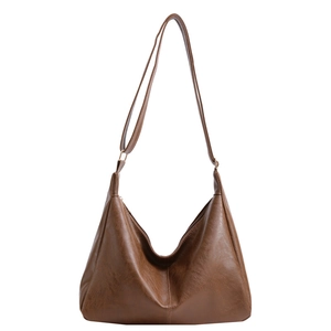 Brown vintage faux leather hobo shoulder bag with large capacity and smooth zipper closure