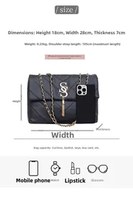 Tableau des tailles pour sac bandoulière noir matelassé avec dimensions et poids