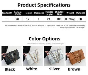 Guide des tailles du sac matelassé en PU avec dimensions et quatre couleurs disponibles