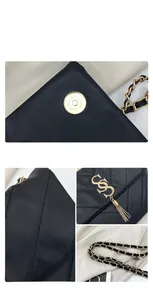 Détails du sac en cuir noir matelassé avec fermoir magnétique doré et bandoulière chaîne