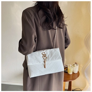Détail d'un sac bandoulière blanc matelassé avec chaîne dorée et pompon décoratif