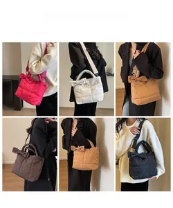 Quilted nylon tote bag details showing five color options and bow design with shoulder strap