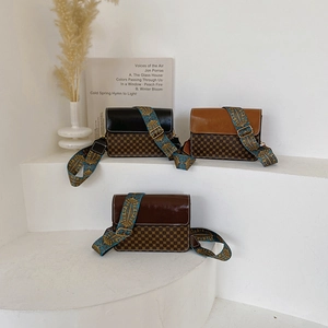Vintage Monogram Crossbody Bag PU Leather Wide Embroidery Strap Retro Small Square Shoulder Purse For Women