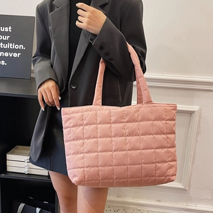 Pink quilted puffer tote bag with large capacity for women's winter fashion style