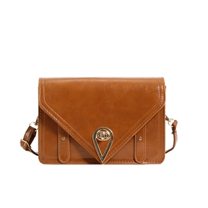 Retro caramel brown square crossbody bag with teardrop gold lock and glossy finish