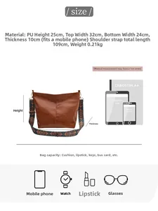 Detailed size chart and capacity guide for the brown PU leather shoulder tote bag
