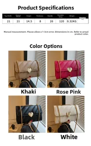 Size chart and detail view of V-quilted faux leather crossbody bag with heart lock
