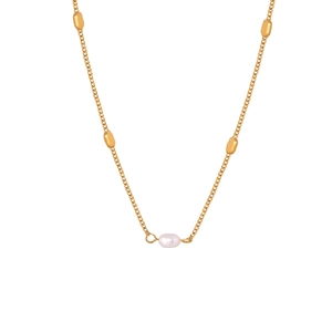 Elegant gold titanium necklace featuring a white freshwater pearl and small gold beads