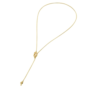 Minimalist gold sailor knot lariat necklace with adjustable snake chain on white background