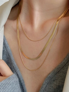Dettaglio di collane a strati in titanio placcato oro 18K su un collo da modella
