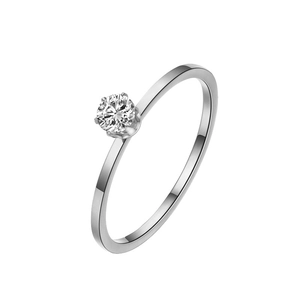 Detailed close-up of a silver-tone six-prong setting ring with a round brilliant-cut stone