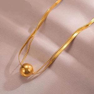 Double-layered 18K gold plated necklace with ball pendant and sleek snake chain