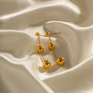 Elegant 18k gold-plated stainless steel long tassel earrings with polished metal spheres