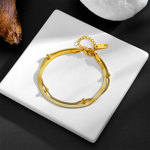 Minimalist gold double-layered titanium steel anklet with snake chain and beads