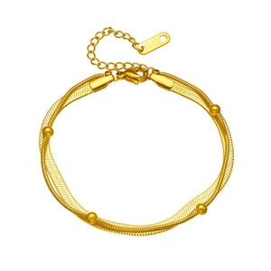 Double-layered gold snake chain anklet in stainless steel with metallic beads