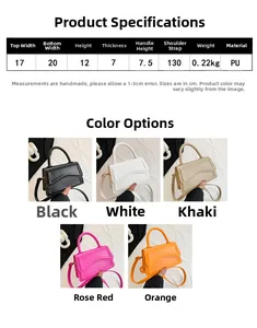 Detailed size chart and multi-color selection for PU leather mini crossbody bag