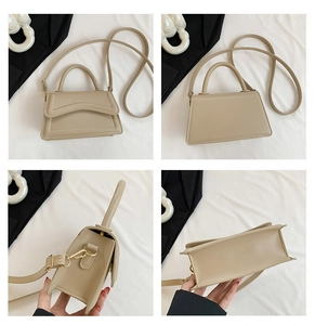Detailed views of a beige square handbag featuring wave-cut flap and gold hardware