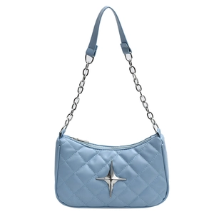 Light blue quilted chain shoulder bag with silver star hardware and elegant grid pattern