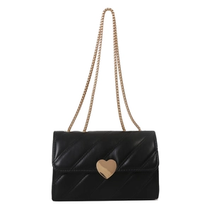 Classic black quilted leather crossbody bag with golden heart clasp and chain strap