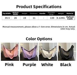 Size guide for lightweight nylon crossbody bag showing measurements and colors
