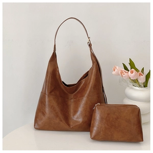 Women Retro Oil Wax PU Leather Large Capacity Tote Bag Set Simple Hobo Shoulder Bag With Pouch Casual Commuter Handbag