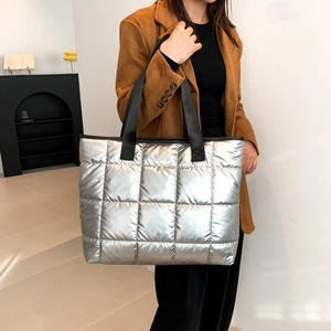 Women Fashion Cotton Quilted Tote Bag Large Capacity Puffy Shoulder Bag Metallic Shiny Puffer Crossbody Bag For Winter Travel