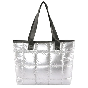 Silver quilted padded tote bag with black webbing handles for winter casual daily use