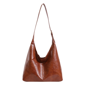Retro brown oiled leather hobo tote bag for women with adjustable shoulder strap