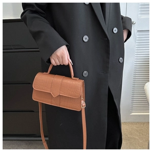 Détail d'un sac à main marron à motif crocodile tenu à la main dans un cadre chic