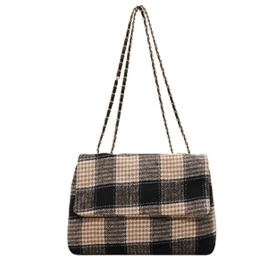 Borsa a tracolla in tweed a quadri da donna con catena elegante nero e marrone