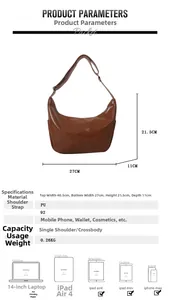 Detailed size specifications for large brown PU leather crescent bag showing dimensions