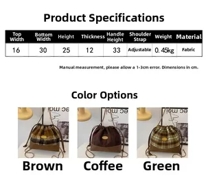 Detailed size chart for the woolen bucket bag featuring dimensions and strap measurements