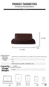 Detailed size chart showing dimensions and capacity of the brown PU leather crossbody bag