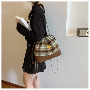 Detail of plaid wool bucket bag with gold chain strap and leather base worn by a model