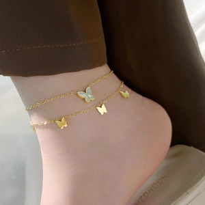 Bracelet De Cheville Double Couche Papillon Acier Inoxydable Nacre Blanche Plaque Or Chaine De Pied Elegante Pour Femmes