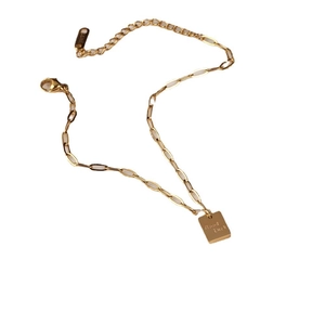 Good Luck square pendant anklet in gold stainless steel with paperclip chain link