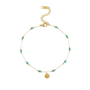 Bracelet de cheville élégant plaqué or 18 carats avec perles turquoise et pendentif coquillage