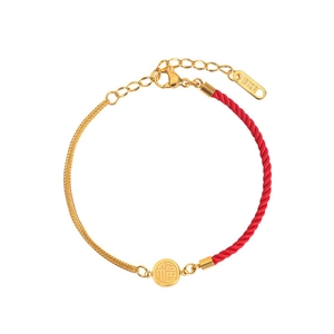 Lucky red string anklet with titanium steel double-sided Fu character pendant charm