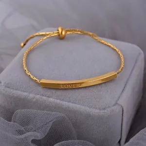 Adjustable golden titanium steel anklet with LOVER engraving and sliding bead closure