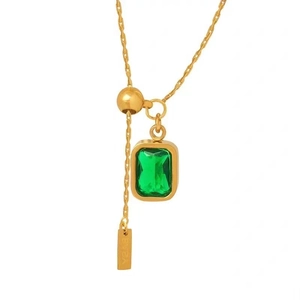 Adjustable gold titanium necklace featuring a square emerald crystal pendant for women
