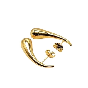 Minimalist golden teardrop stud earrings with a polished mirror finish and drop design