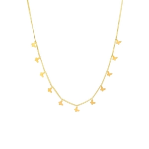 Minimalist gold butterfly necklace with multiple solid pendants on a delicate chain