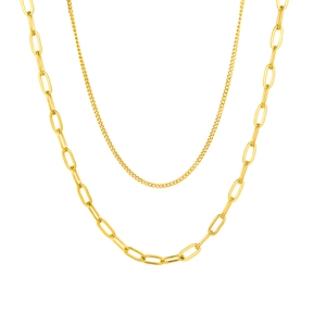 Layered gold paperclip and curb chain necklace featuring a minimalist modern style