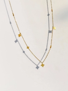 Vue détaillée du collier en acier titane doré avec de petits pendentifs en forme d'étoile