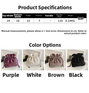 Size chart and dimensions for velvet corduroy drawstring bag with pearl chain straps