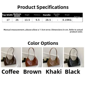 Detailed size chart and multi-color view of minimalist PU leather underarm bag
