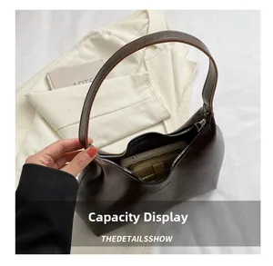 Deep coffee vintage PU leather underarm bag interior showing large storage capacity