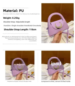 Detailed view of purple PU leather handbag with gold crescent clasp and size dimensions