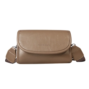 Retro khaki crossbody square bag with wide geometric strap and embossed lettering