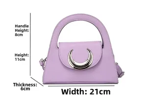 Purple leather handbag dimensions detail with silver crescent buckle and crossbody strap